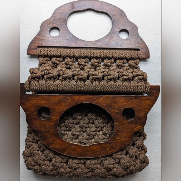 Vintage Clutch Wooden Handles Macrame Handheld Handbag Purse  Brown I-2 - Picture 3 of 11